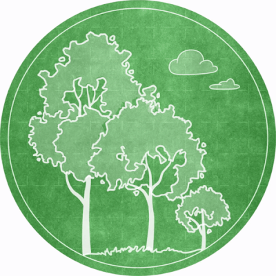 animation of a green circle with trees moving in the breeze/ 