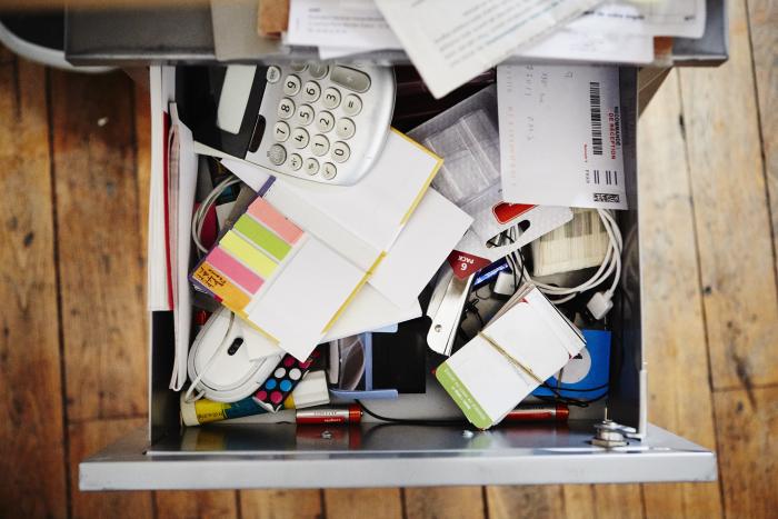 Messy desk drawer