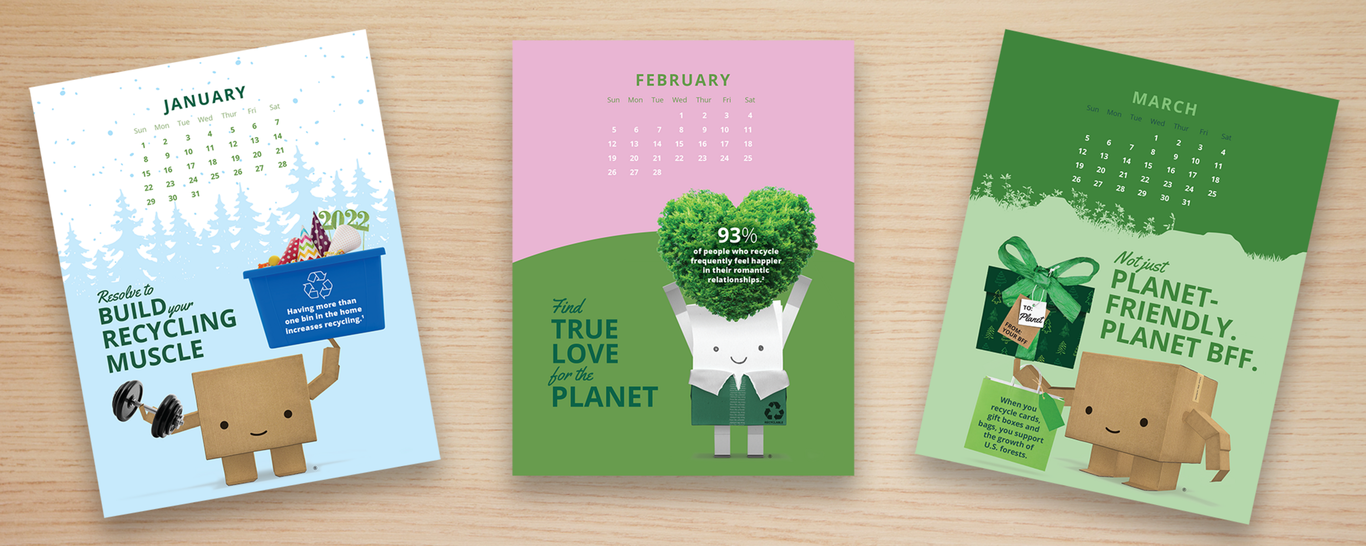 January, February and March calendar pages on a desk