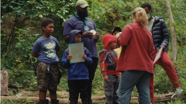 Students learning in the forest