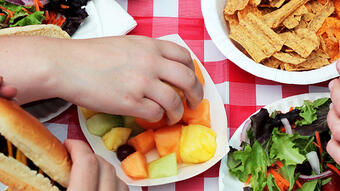 Picnic full of food served on paper plates