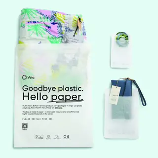 A paper bag used to replace plastic used when shipping clothes